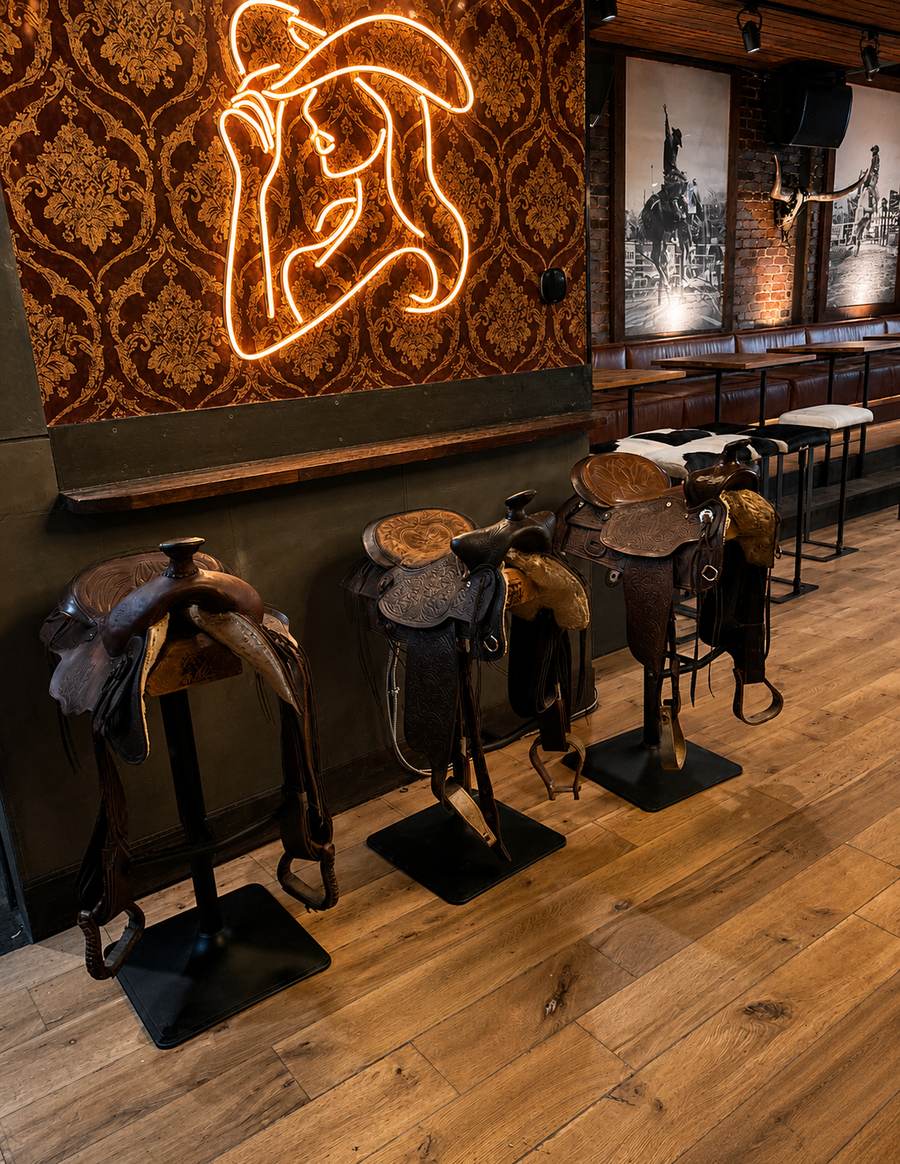 Selles de cuir alignées sur des socles le long du bar.